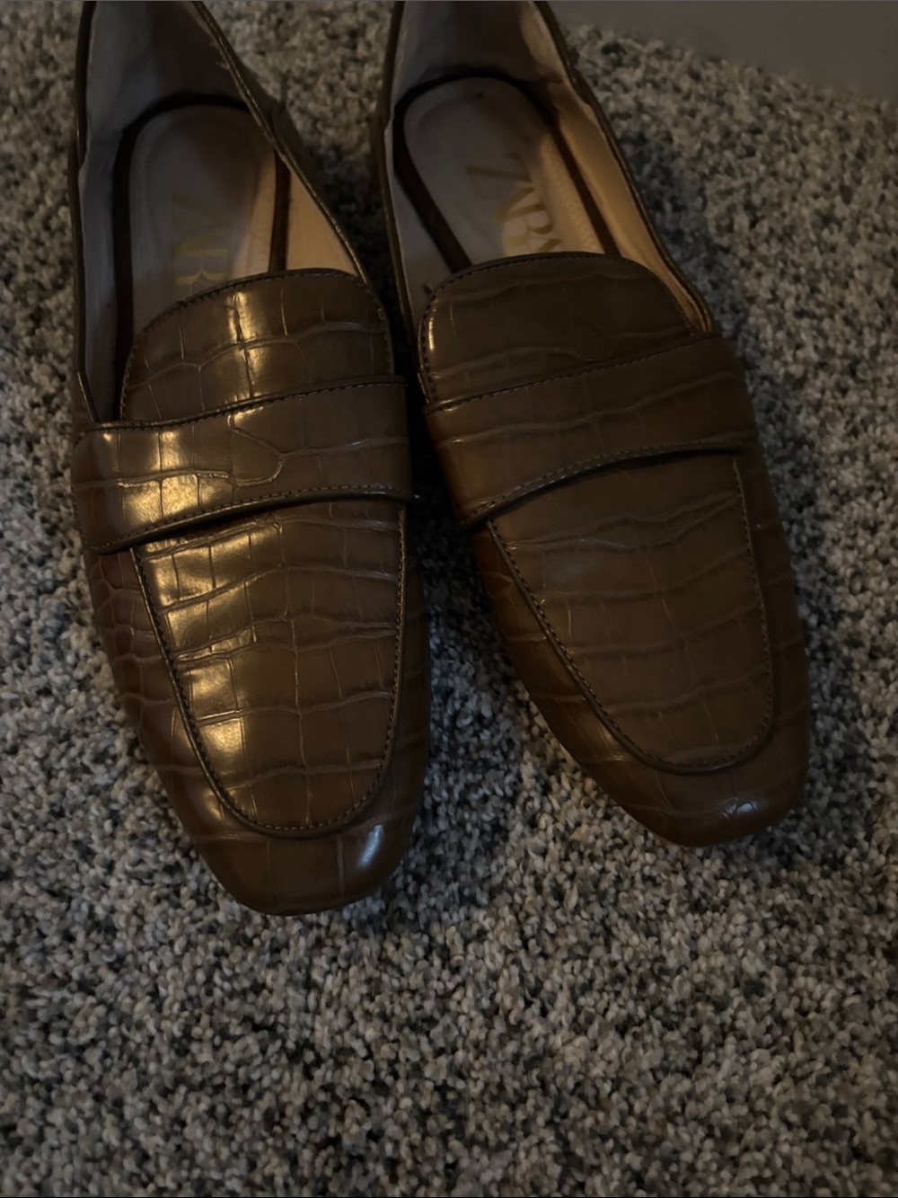 Zara Olive green  Croc-Embossed Leather Slip-On Loafers